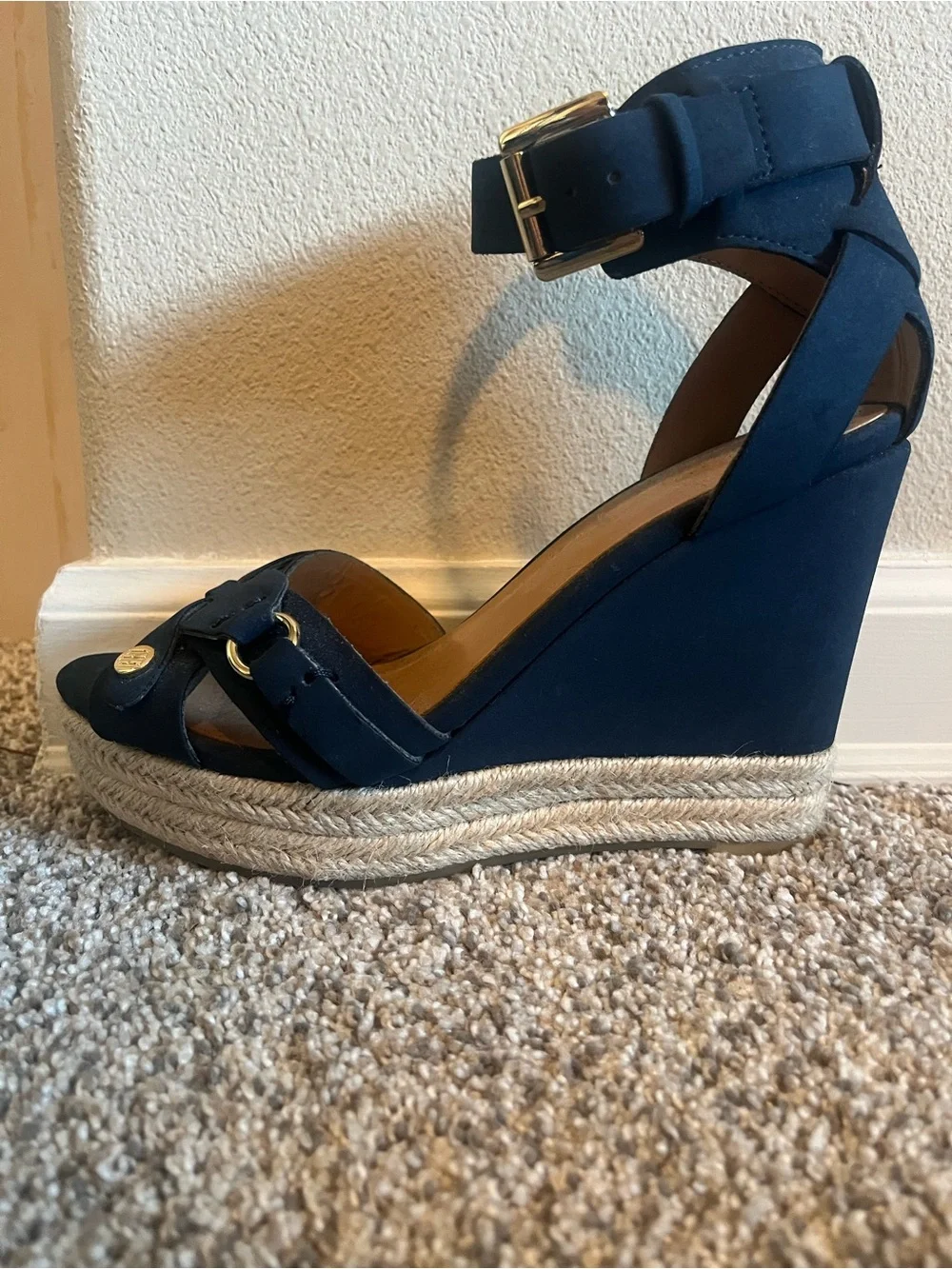 Tommy Hilfiger Navy Espadrille Wedge Sandals with Gold Buckle